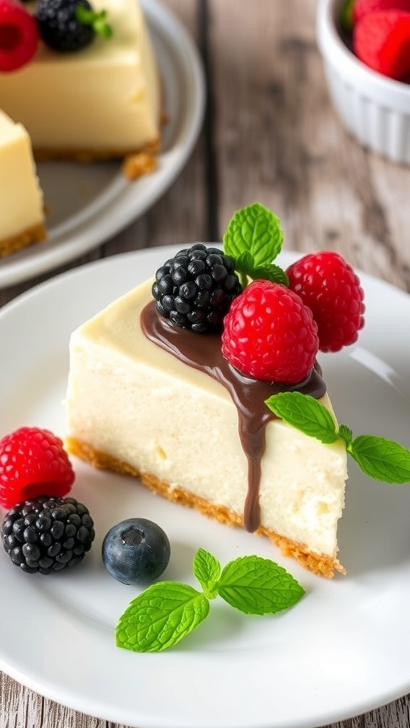 Low Carb Cheesecake Recipe A slice of low carb cheesecake with berries and mint on a plate.